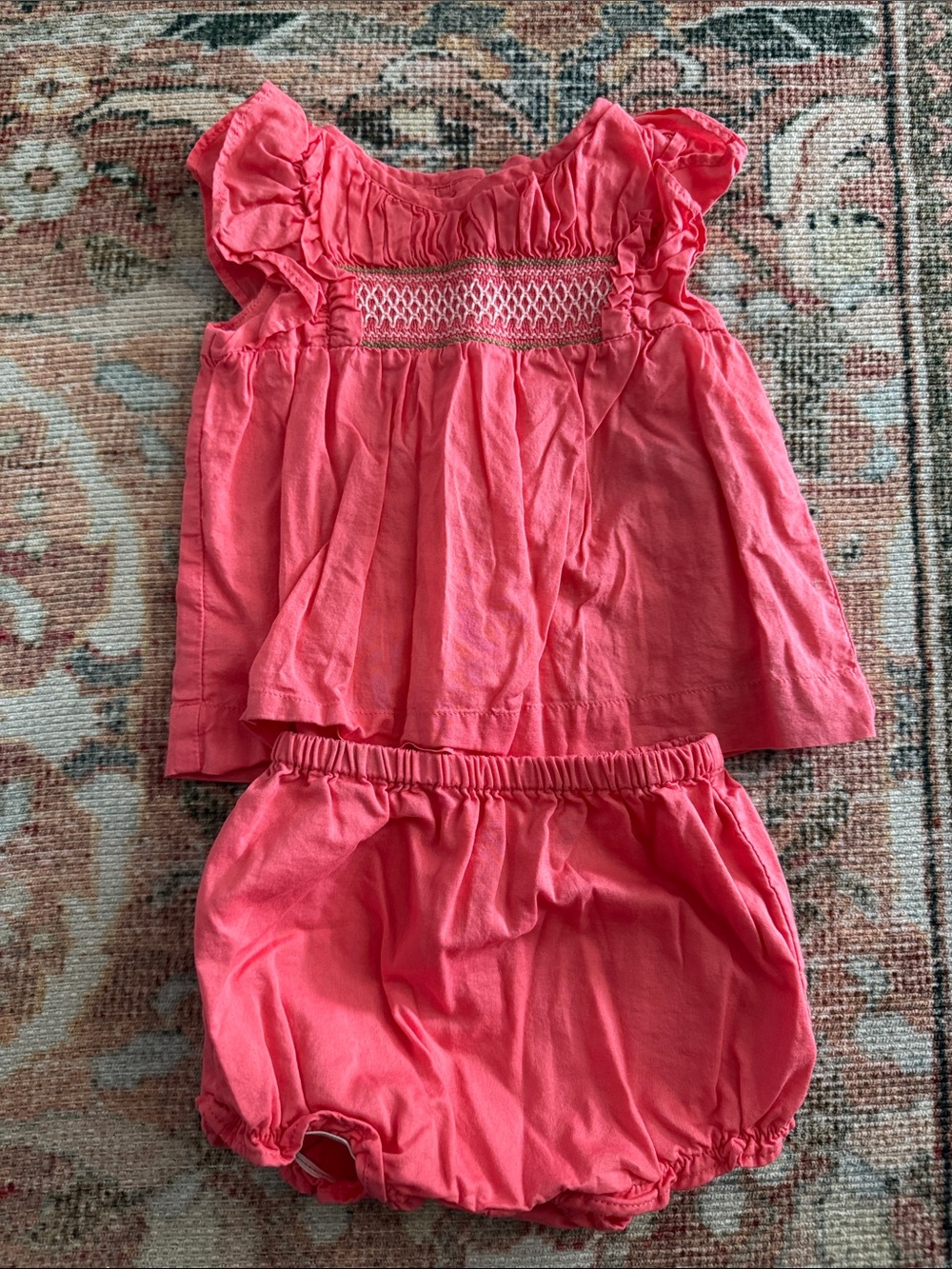 Janie & Jack Coral Pink Baby Two-Piece Set - Smocked Top & Bloomers